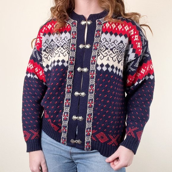 Vintage Norwegian Fair Isle Wool Knit Embroidered Oversized Cardigan Sweater - Picture 7 of 8